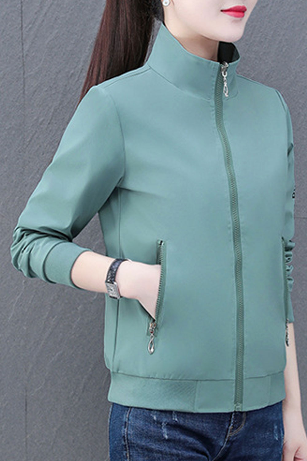 Women Delighted Letter Patterned Stand Collar Neck Knitted Ribbed Cuff & Hem Slash Pocket Winter Casual Jacket