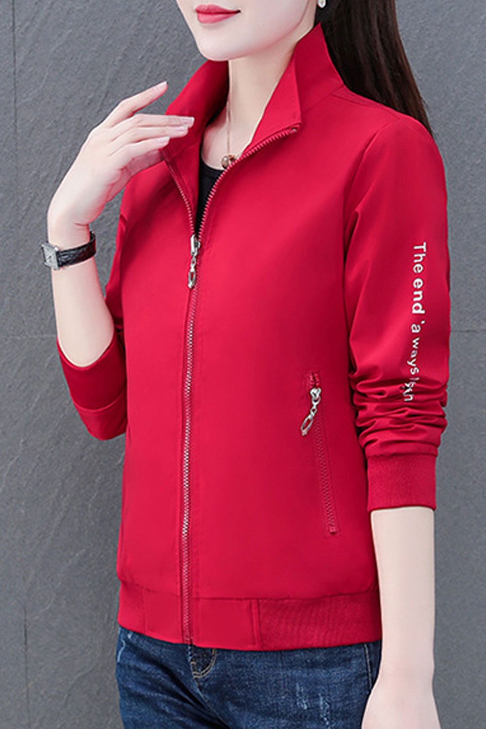 Women Delighted Letter Patterned Stand Collar Neck Knitted Ribbed Cuff & Hem Slash Pocket Winter Casual Jacket
