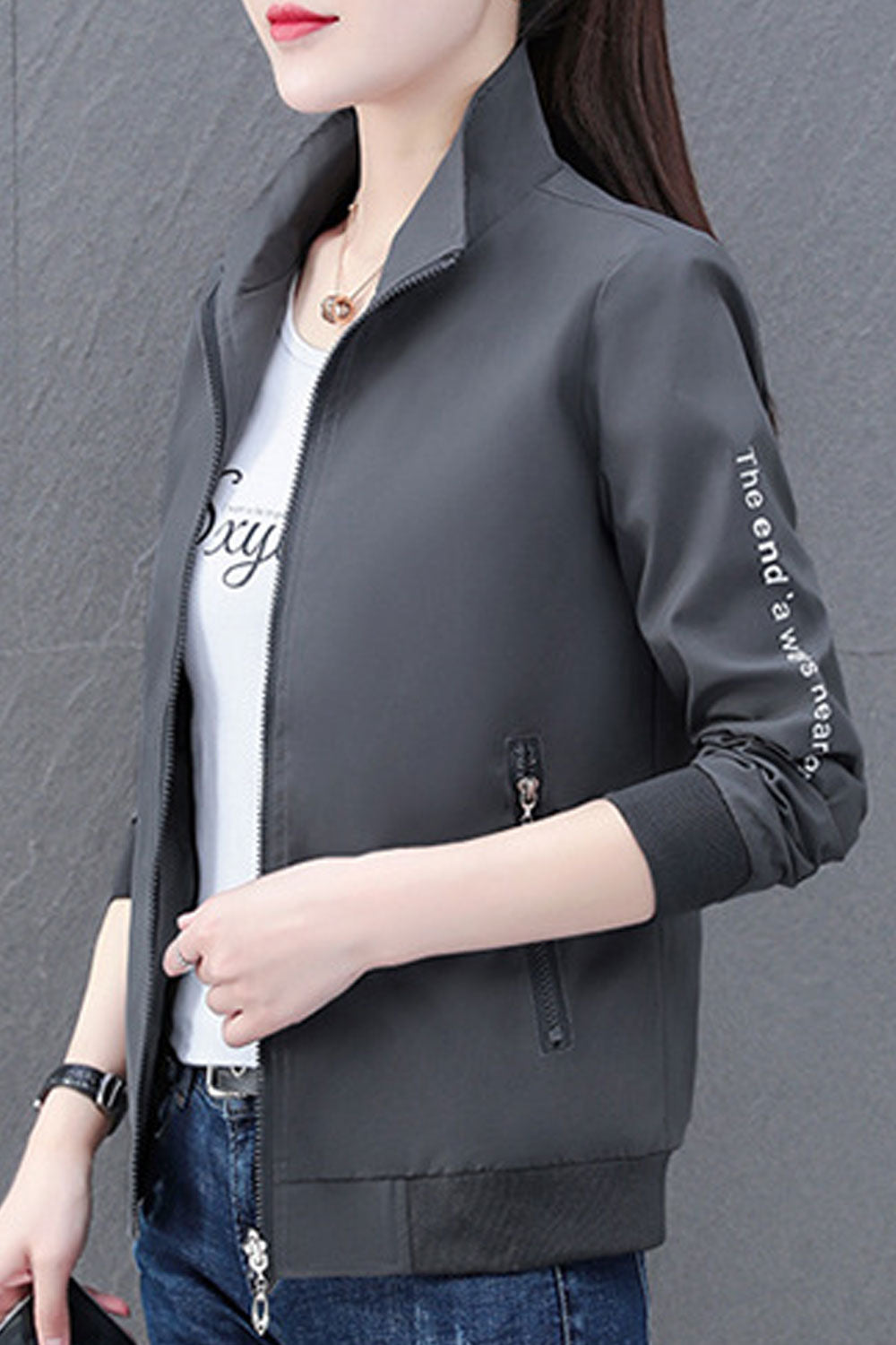 Women Delighted Letter Patterned Stand Collar Neck Knitted Ribbed Cuff & Hem Slash Pocket Winter Casual Jacket