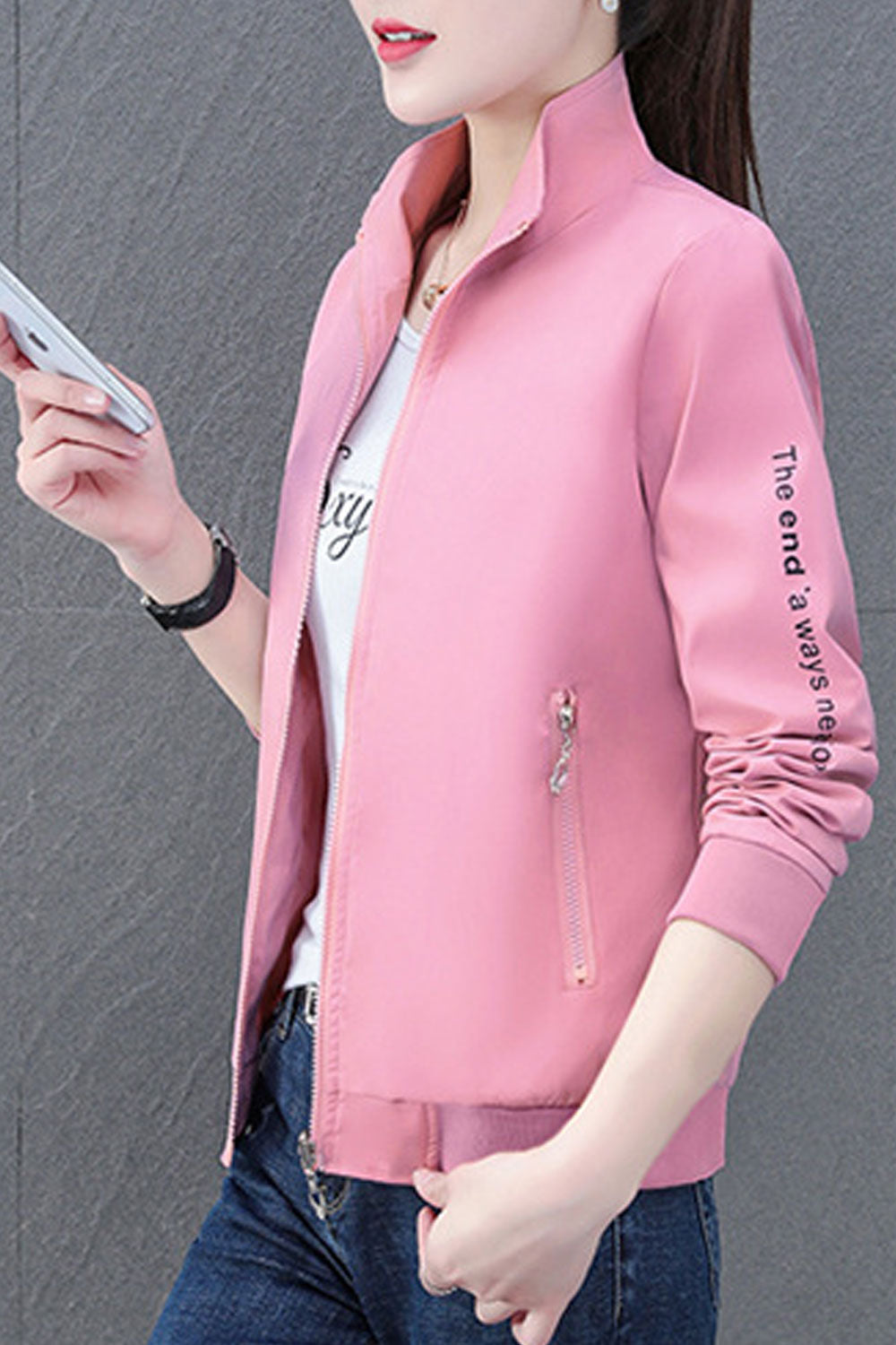 Women Delighted Letter Patterned Stand Collar Neck Knitted Ribbed Cuff & Hem Slash Pocket Winter Casual Jacket