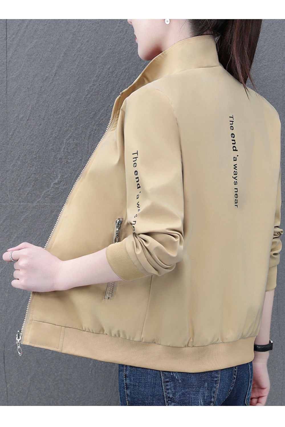 Women Delighted Letter Patterned Stand Collar Neck Knitted Ribbed Cuff & Hem Slash Pocket Winter Casual Jacket