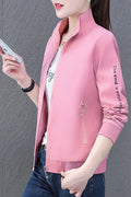 Women Delighted Letter Patterned Stand Collar Neck Knitted Ribbed Cuff & Hem Slash Pocket Winter Casual Jacket