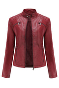 Women Charming Lavender Buttoned Stand Collar Long Sleeves Side Zipper Pocket & front Fastener Winter Leather Jacket