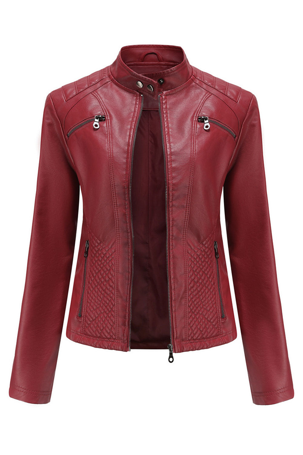 Women Charming Lavender Buttoned Stand Collar Long Sleeves Side Zipper Pocket & front Fastener Winter Leather Jacket