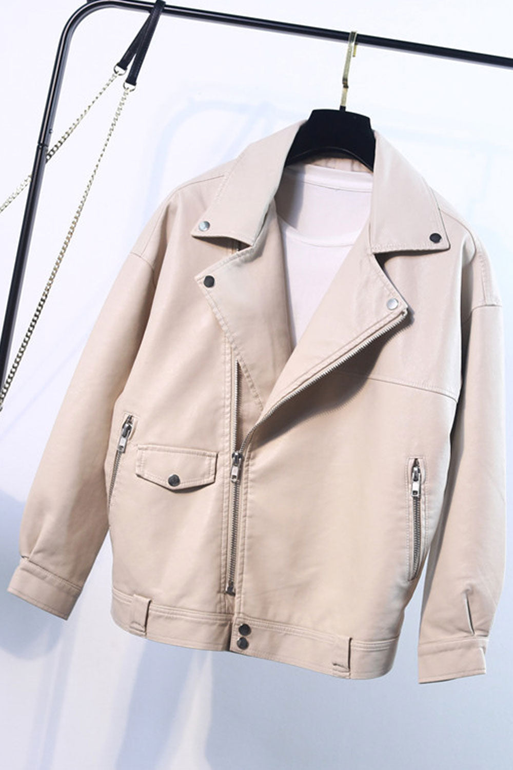 Women Decent Solid Patterned Lapel Collar Neck Buttoned Cuff Long Sleeves & Oblique Zip Fastener Breathable Winter Leather Jacke