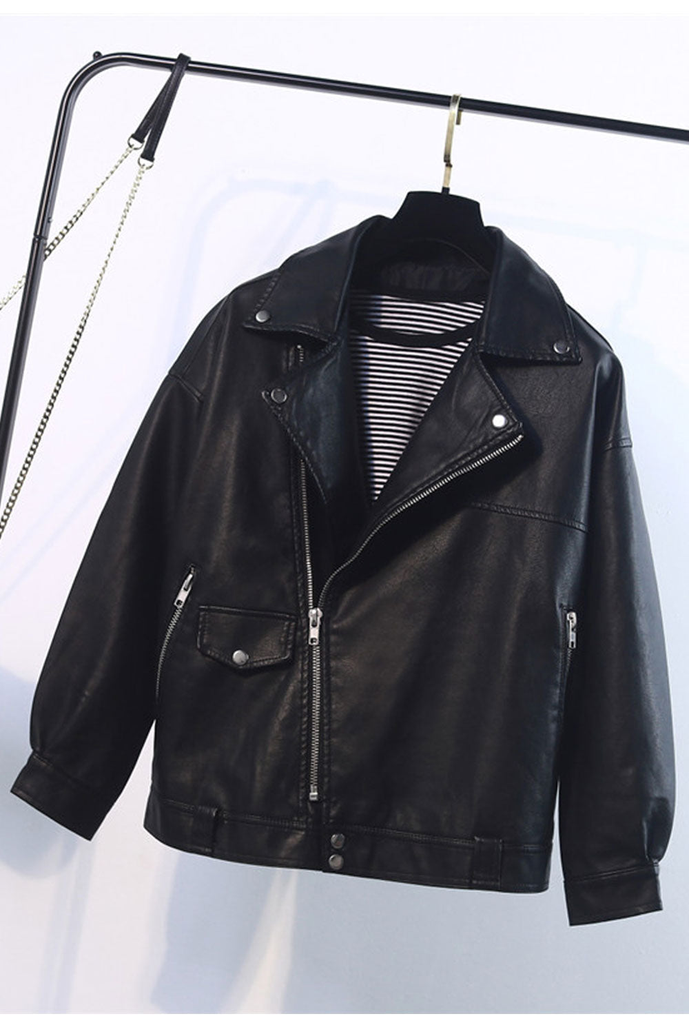 Women Decent Solid Patterned Lapel Collar Neck Buttoned Cuff Long Sleeves & Oblique Zip Fastener Breathable Winter Leather Jacke