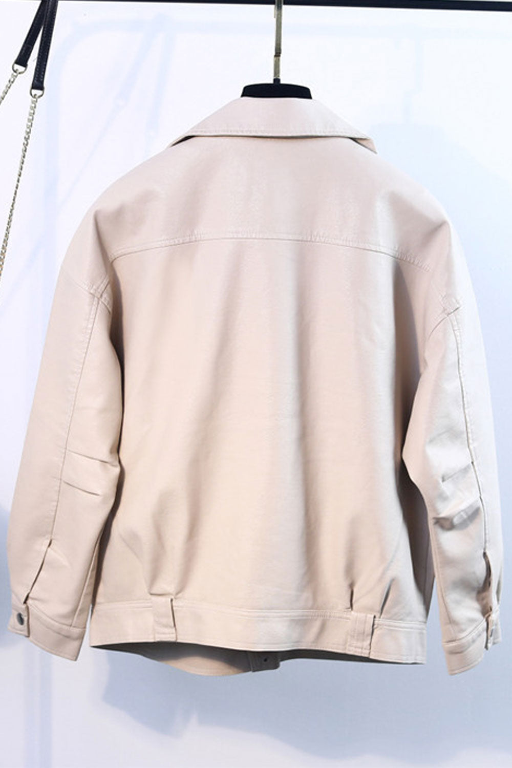 Women Decent Solid Patterned Lapel Collar Neck Buttoned Cuff Long Sleeves & Oblique Zip Fastener Breathable Winter Leather Jacke