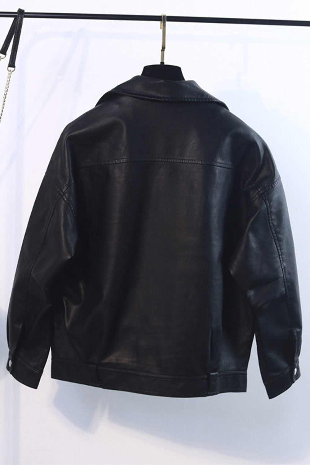 Women Decent Solid Patterned Lapel Collar Neck Buttoned Cuff Long Sleeves & Oblique Zip Fastener Breathable Winter Leather Jacke