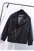 Women Decent Solid Patterned Lapel Collar Neck Buttoned Cuff Long Sleeves & Oblique Zip Fastener Breathable Winter Leather Jacke