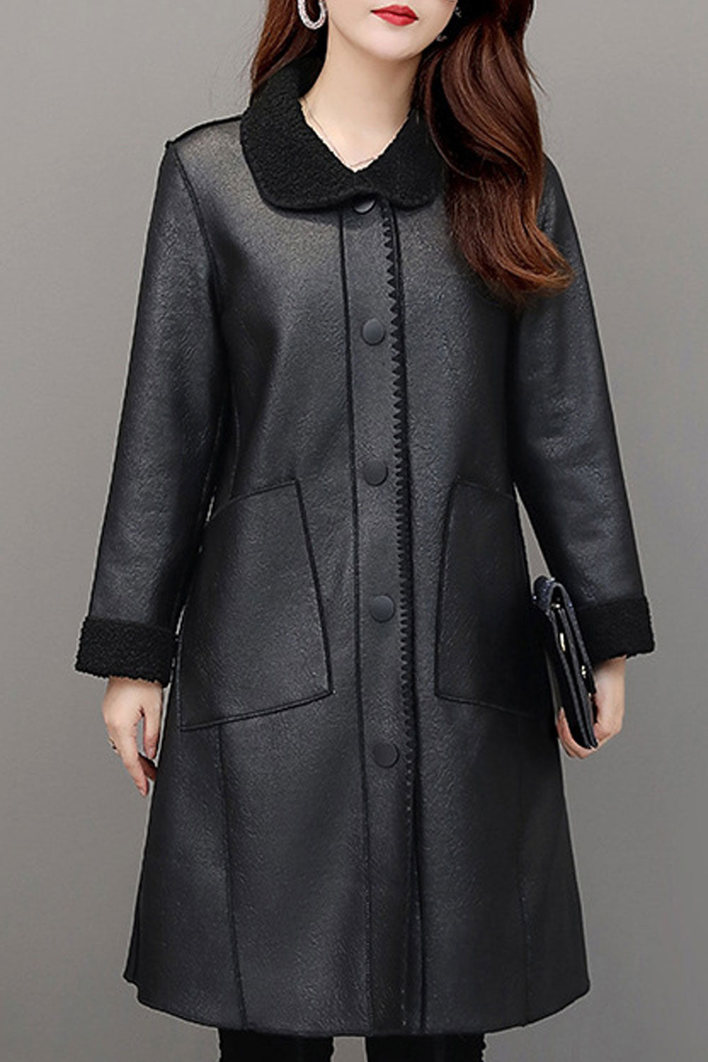 Women Soft Material Made Lapel Collar Fluffy Styled Cuff Capable Patch Pocket & Easy Buttoned Fastener Long Frictionless Winter