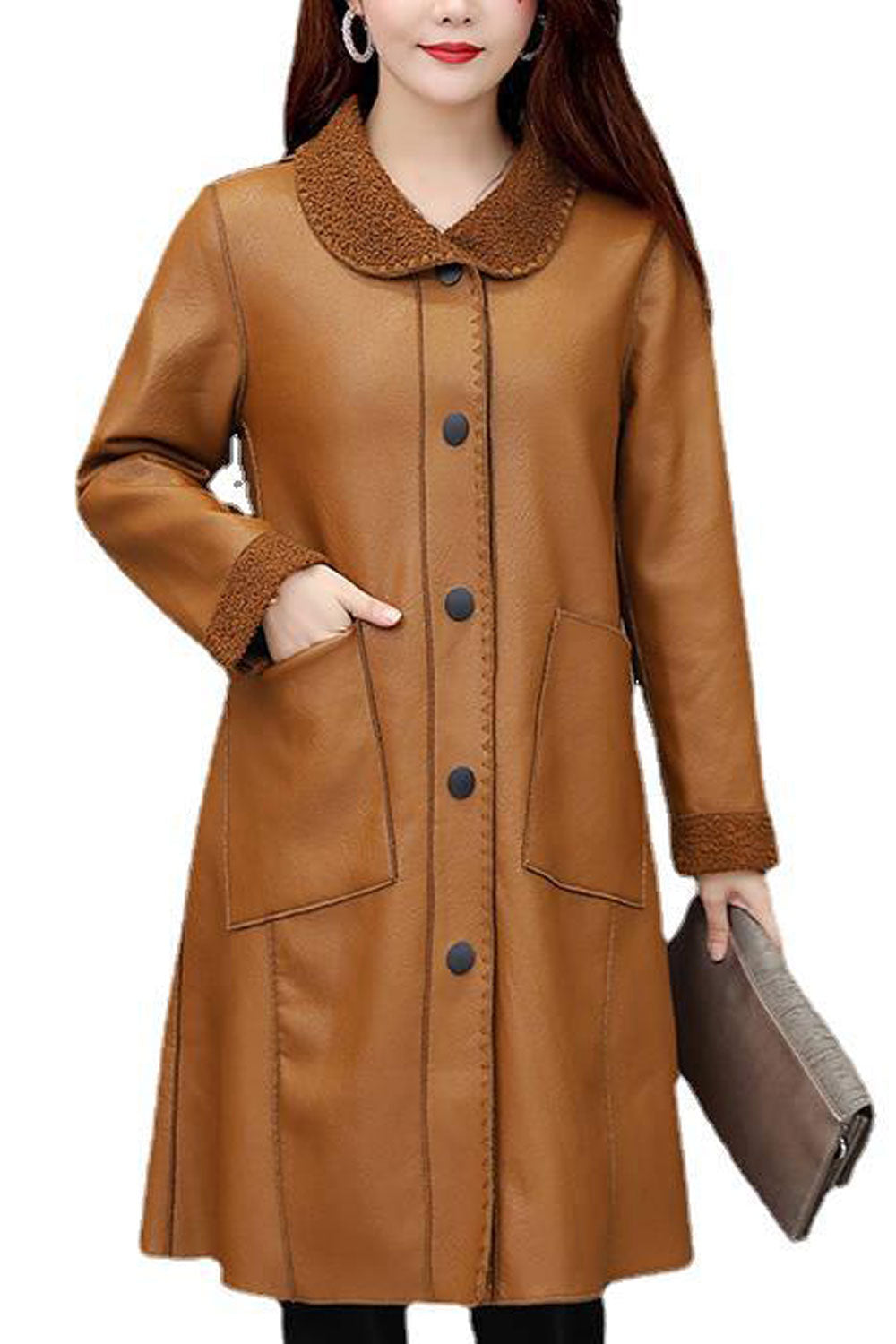 Women Soft Material Made Lapel Collar Fluffy Styled Cuff Capable Patch Pocket & Easy Buttoned Fastener Long Frictionless Winter