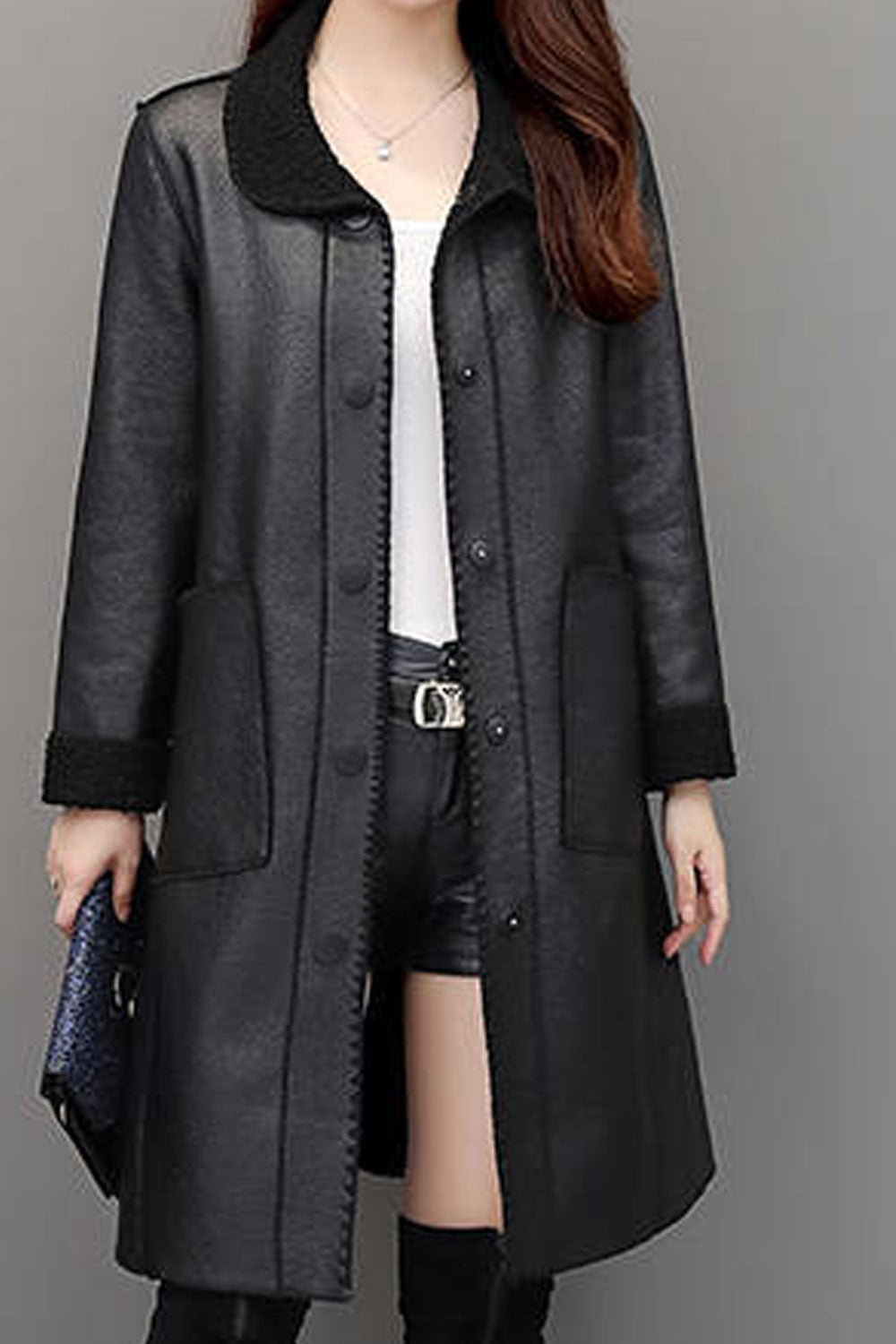 Women Soft Material Made Lapel Collar Fluffy Styled Cuff Capable Patch Pocket & Easy Buttoned Fastener Long Frictionless Winter