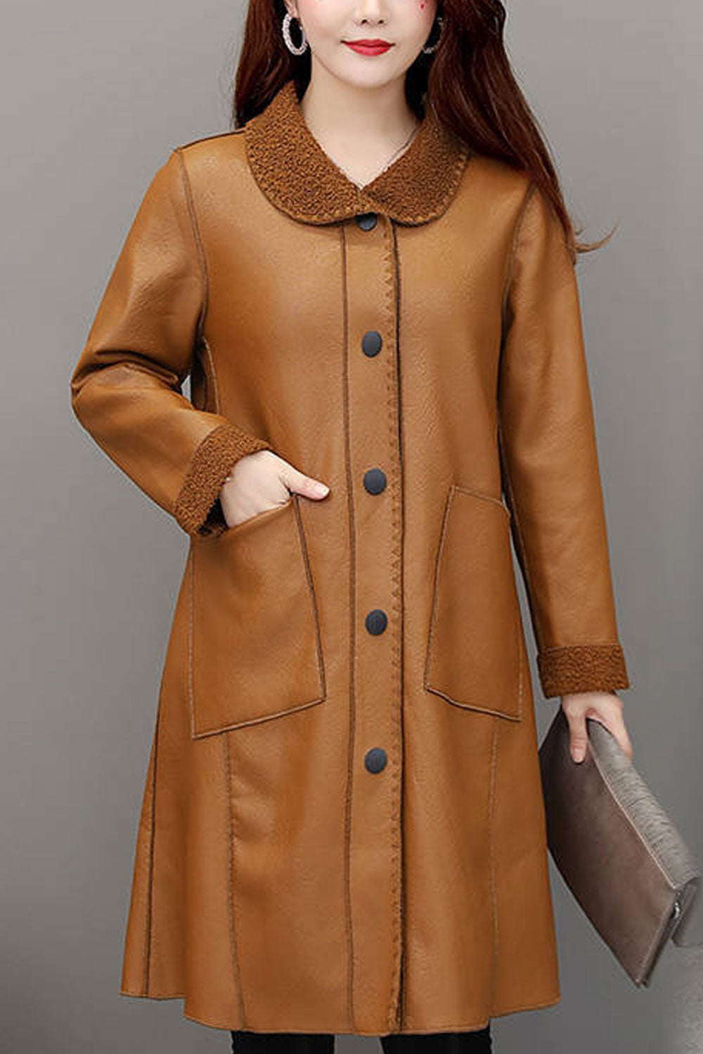 Women Soft Material Made Lapel Collar Fluffy Styled Cuff Capable Patch Pocket & Easy Buttoned Fastener Long Frictionless Winter