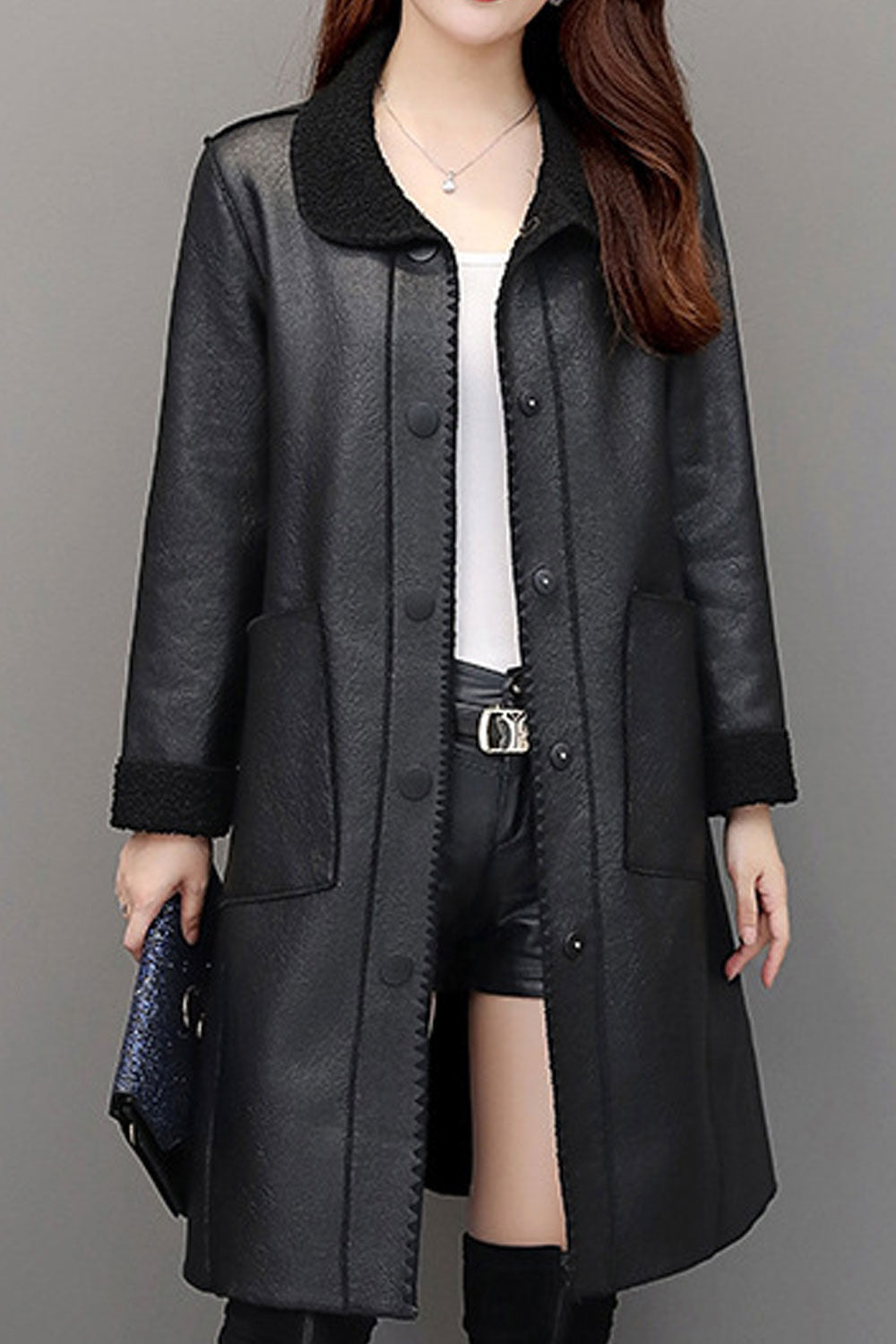 Women Soft Material Made Lapel Collar Fluffy Styled Cuff Capable Patch Pocket & Easy Buttoned Fastener Long Frictionless Winter