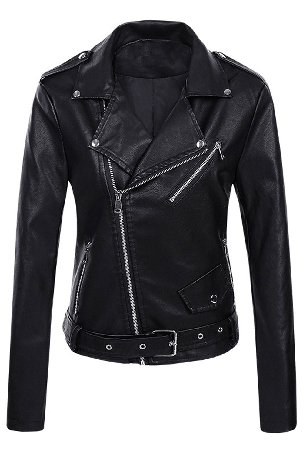 Women Fashionic Lapel Collar Waist Belt & Buckle Long Sleeves & Oblique Zipper Fastener Dilute Leather jacket