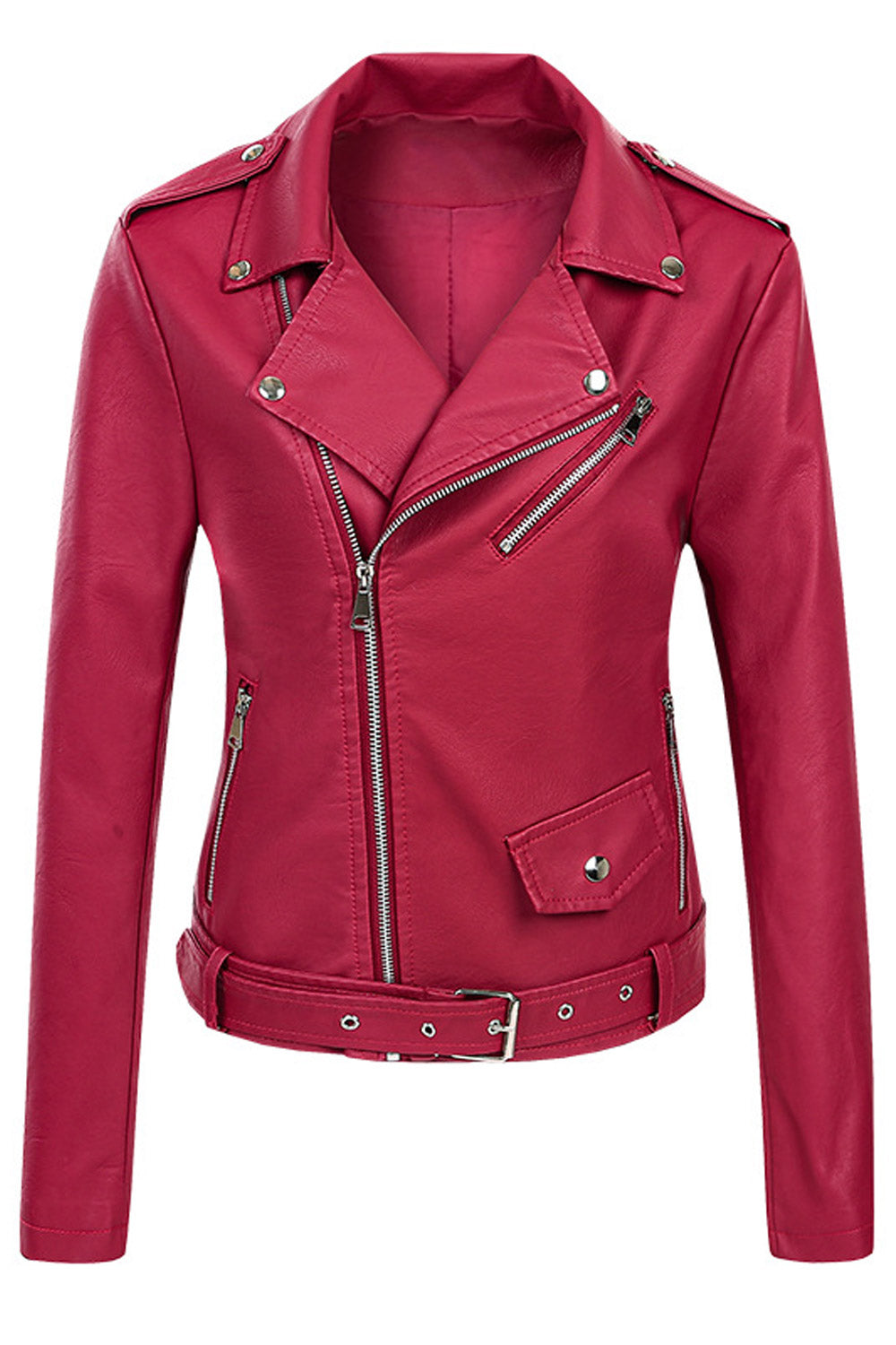 Women Fashionic Lapel Collar Waist Belt & Buckle Long Sleeves & Oblique Zipper Fastener Dilute Leather jacket