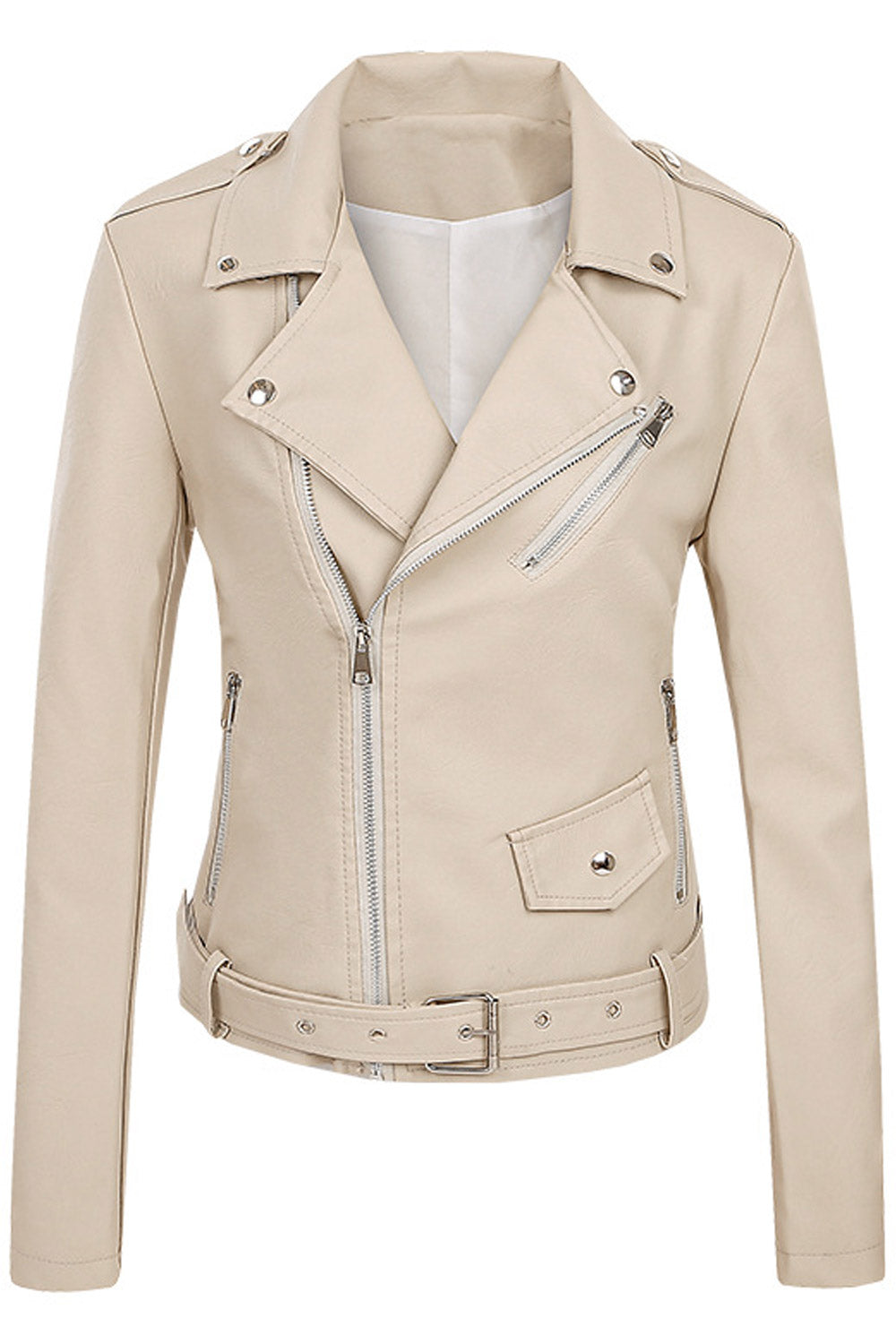 Women Fashionic Lapel Collar Waist Belt & Buckle Long Sleeves & Oblique Zipper Fastener Dilute Leather jacket