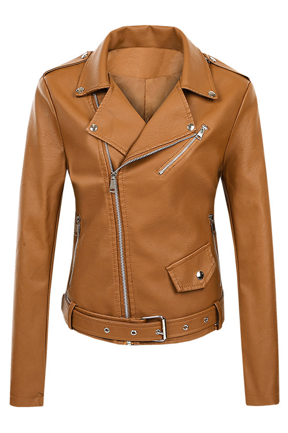 Women Fashionic Lapel Collar Waist Belt & Buckle Long Sleeves & Oblique Zipper Fastener Dilute Leather jacket