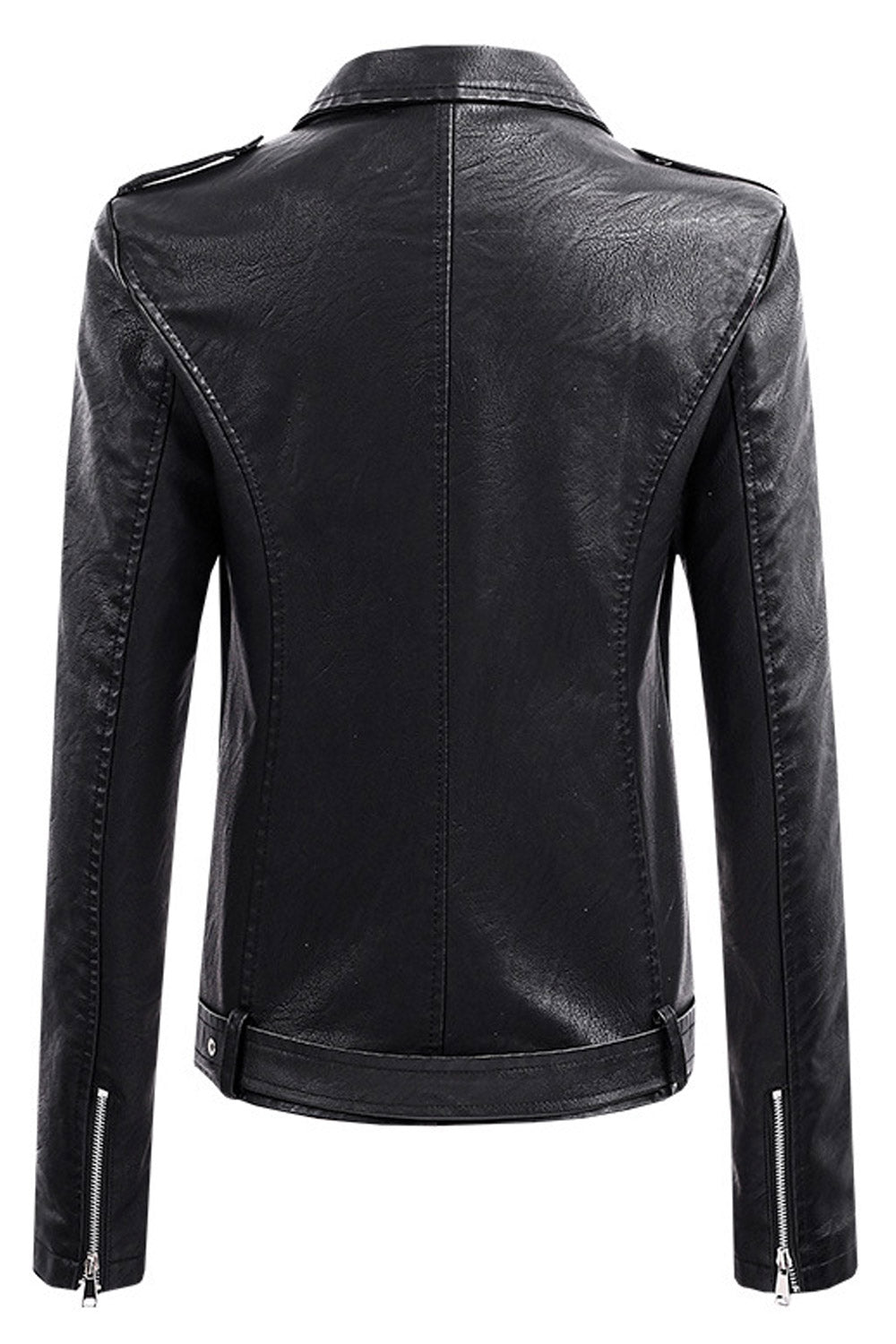 Women Fashionic Lapel Collar Waist Belt & Buckle Long Sleeves & Oblique Zipper Fastener Dilute Leather jacket