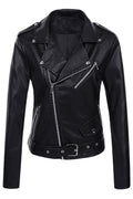 Women Fashionic Lapel Collar Waist Belt & Buckle Long Sleeves & Oblique Zipper Fastener Dilute Leather jacket