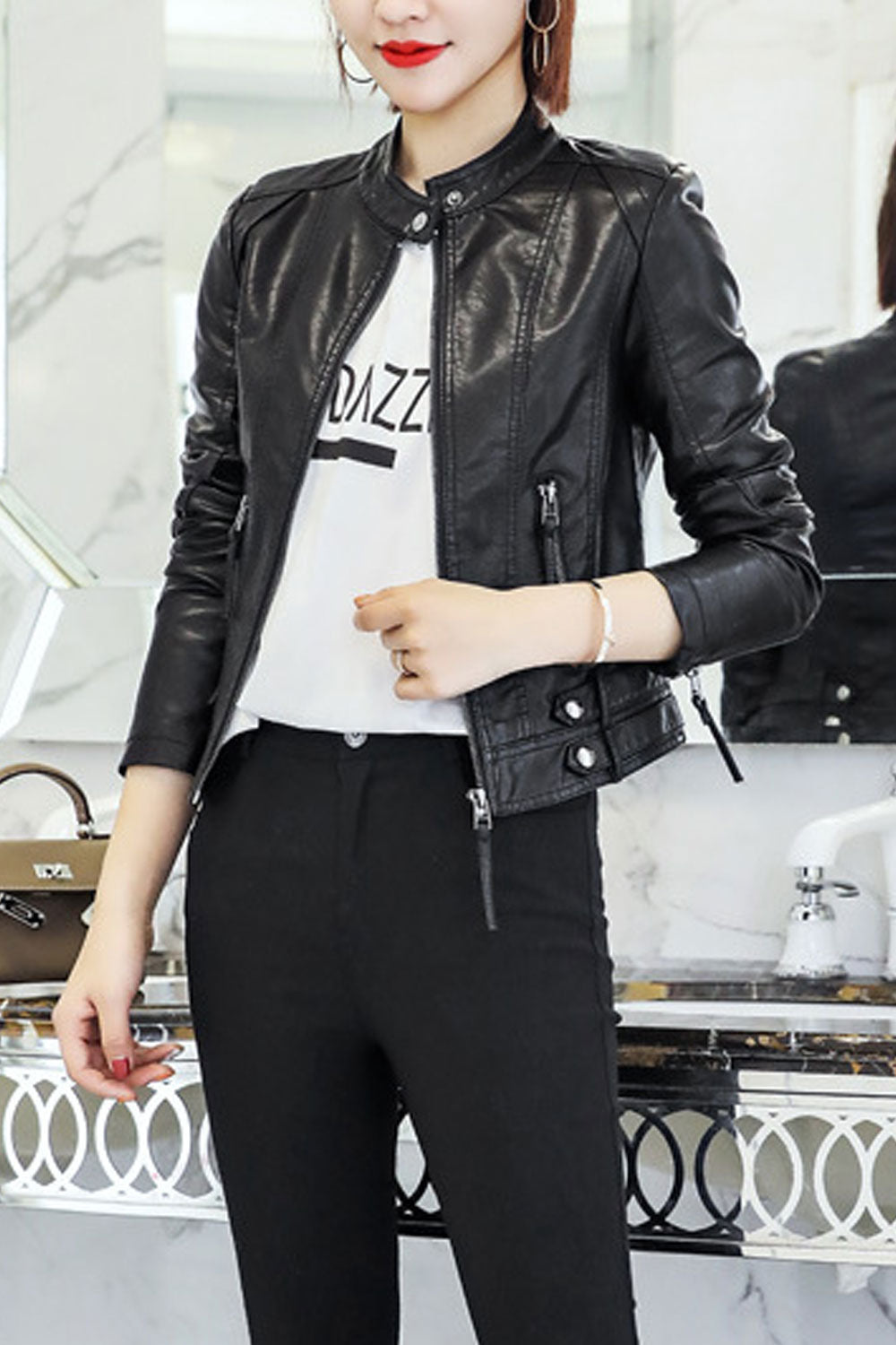 Women Marvelous Zip Style Sleeve Stand Collar Solid Pattern Capable Pockets Reliable Winter Leather Jacket