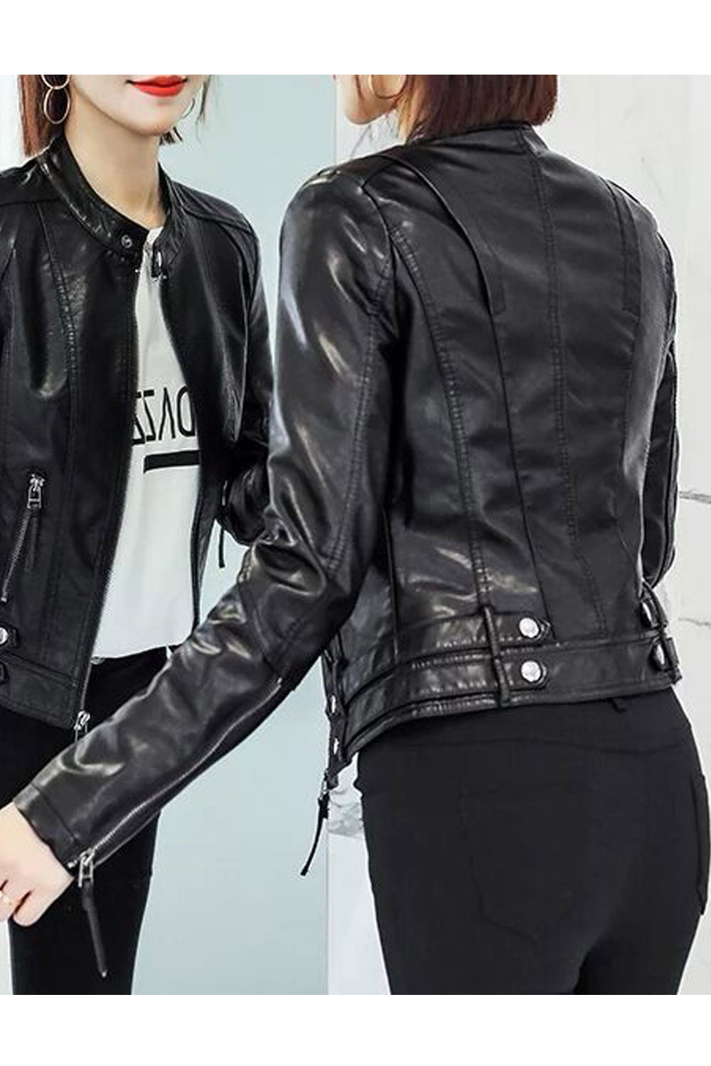 Women Marvelous Zip Style Sleeve Stand Collar Solid Pattern Capable Pockets Reliable Winter Leather Jacket