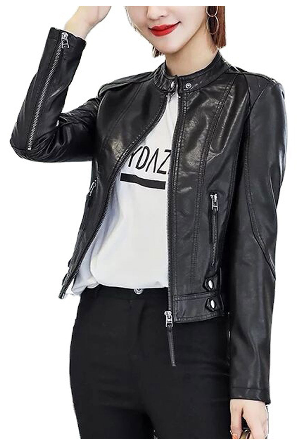 Women Marvelous Zip Style Sleeve Stand Collar Solid Pattern Capable Pockets Reliable Winter Leather Jacket