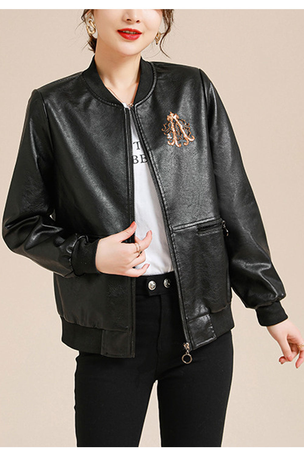 Women Royal Bronze Style Stand Collar Neck Knitted Ribbed Cuff & Hem Vertical Side Zipper Pocket Warm Leather Jacket