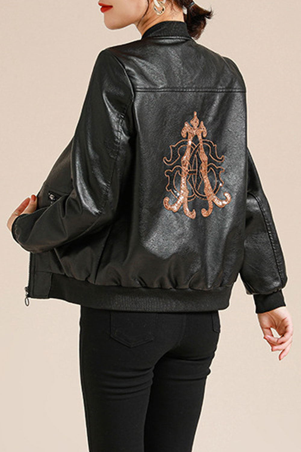 Women Royal Bronze Style Stand Collar Neck Knitted Ribbed Cuff & Hem Vertical Side Zipper Pocket Warm Leather Jacket