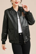 Women Royal Bronze Style Stand Collar Neck Knitted Ribbed Cuff & Hem Vertical Side Zipper Pocket Warm Leather Jacket