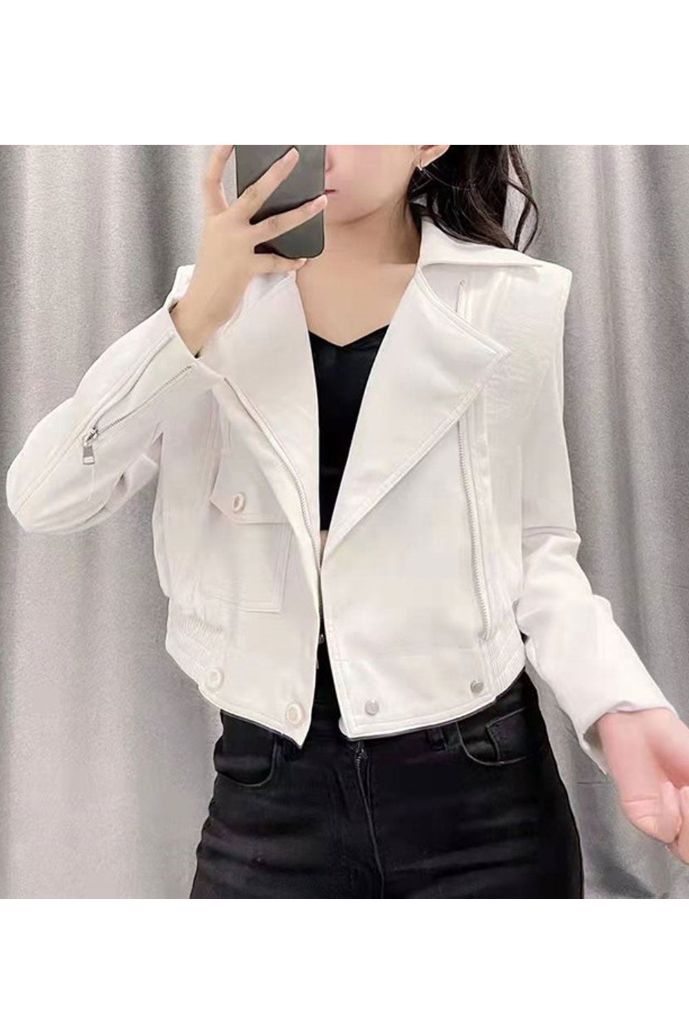 Women Winter Suitable Solid Pattern Collar Neck Flap Pockets Elegant Leather Jacket