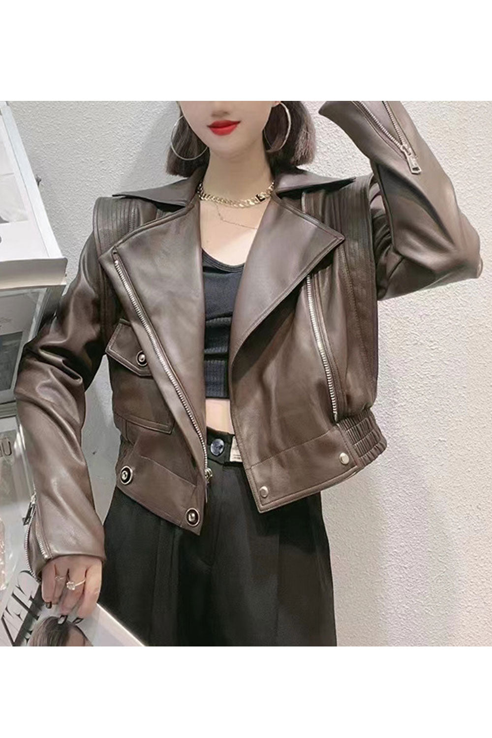 Women Winter Suitable Solid Pattern Collar Neck Flap Pockets Elegant Leather Jacket