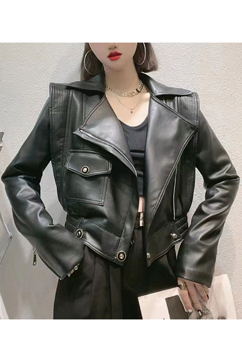 Women Winter Suitable Solid Pattern Collar Neck Flap Pockets Elegant Leather Jacket