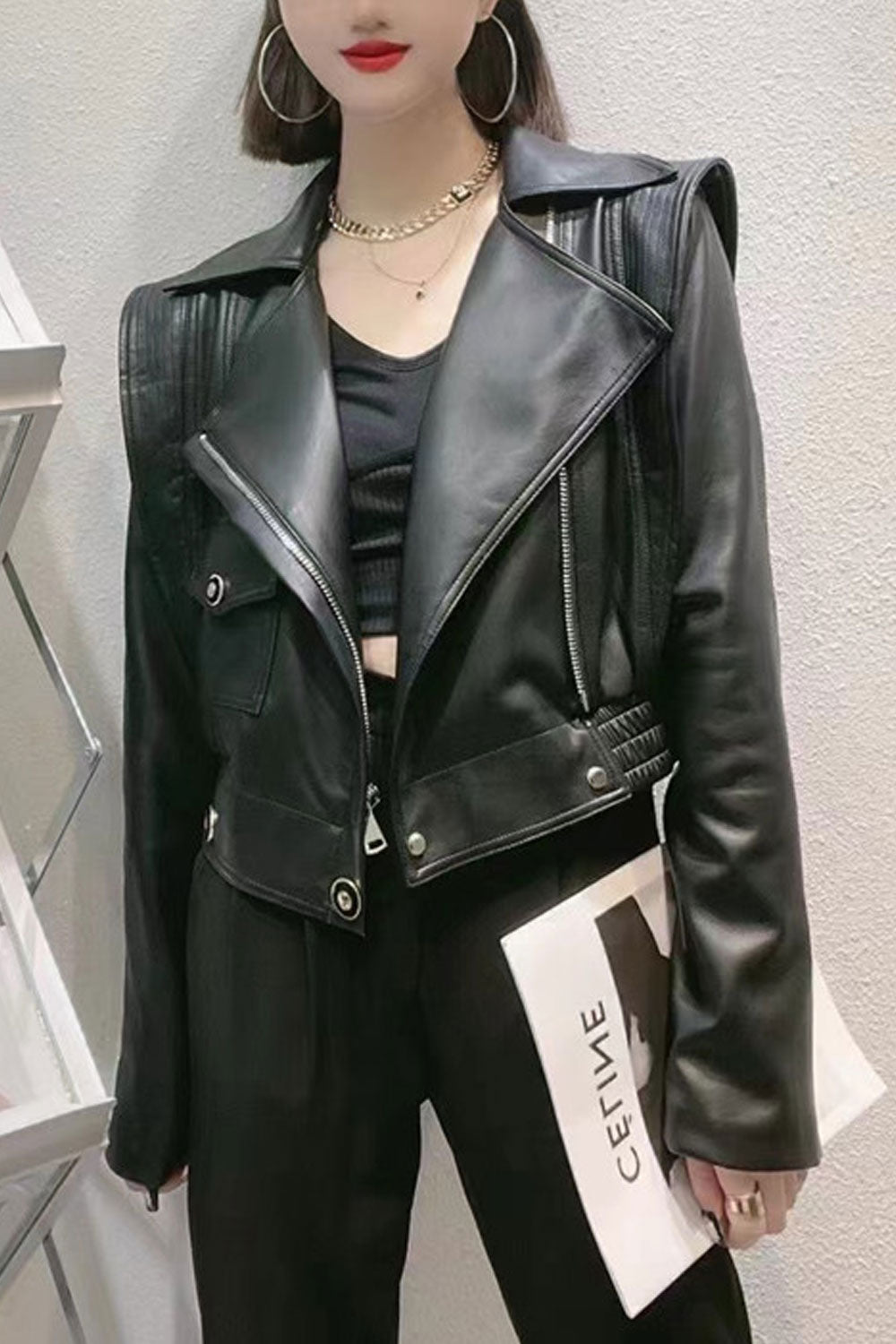 Women Winter Suitable Solid Pattern Collar Neck Flap Pockets Elegant Leather Jacket