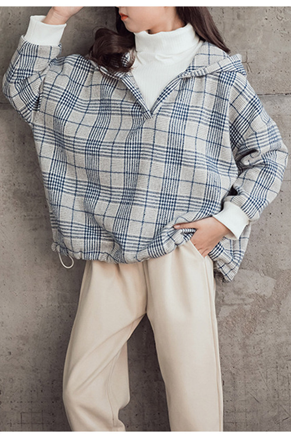 Kids Girls Loose Waist Plaid Pattern Hoodie Style Sweater