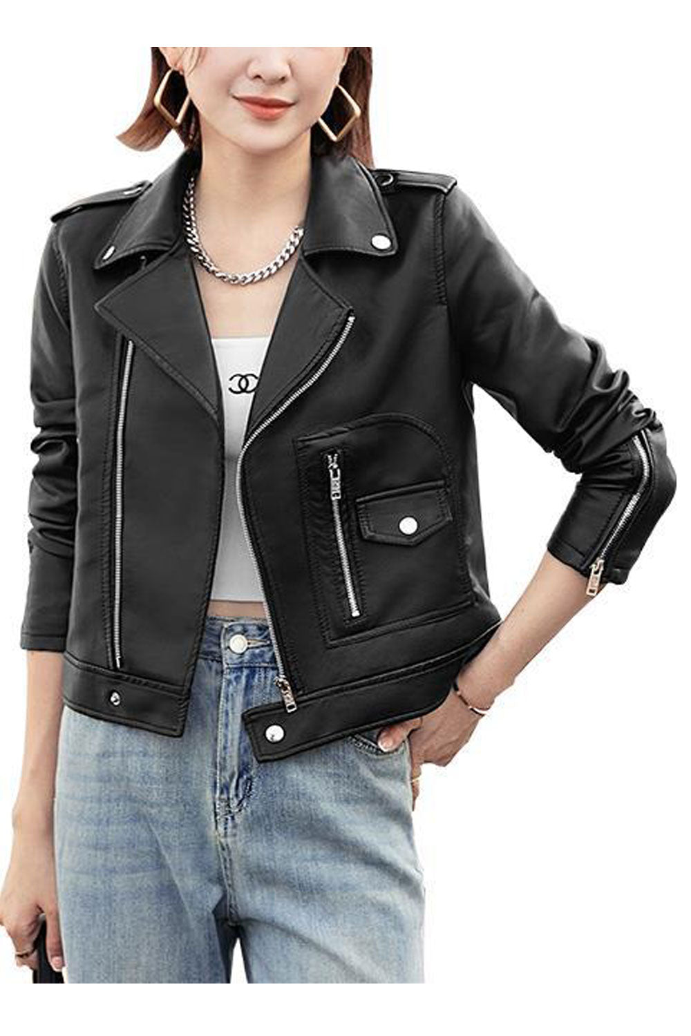 Women Exciting Collar Neck Amazing Pockets Zip Closure Interesting Winter Leather Jacket