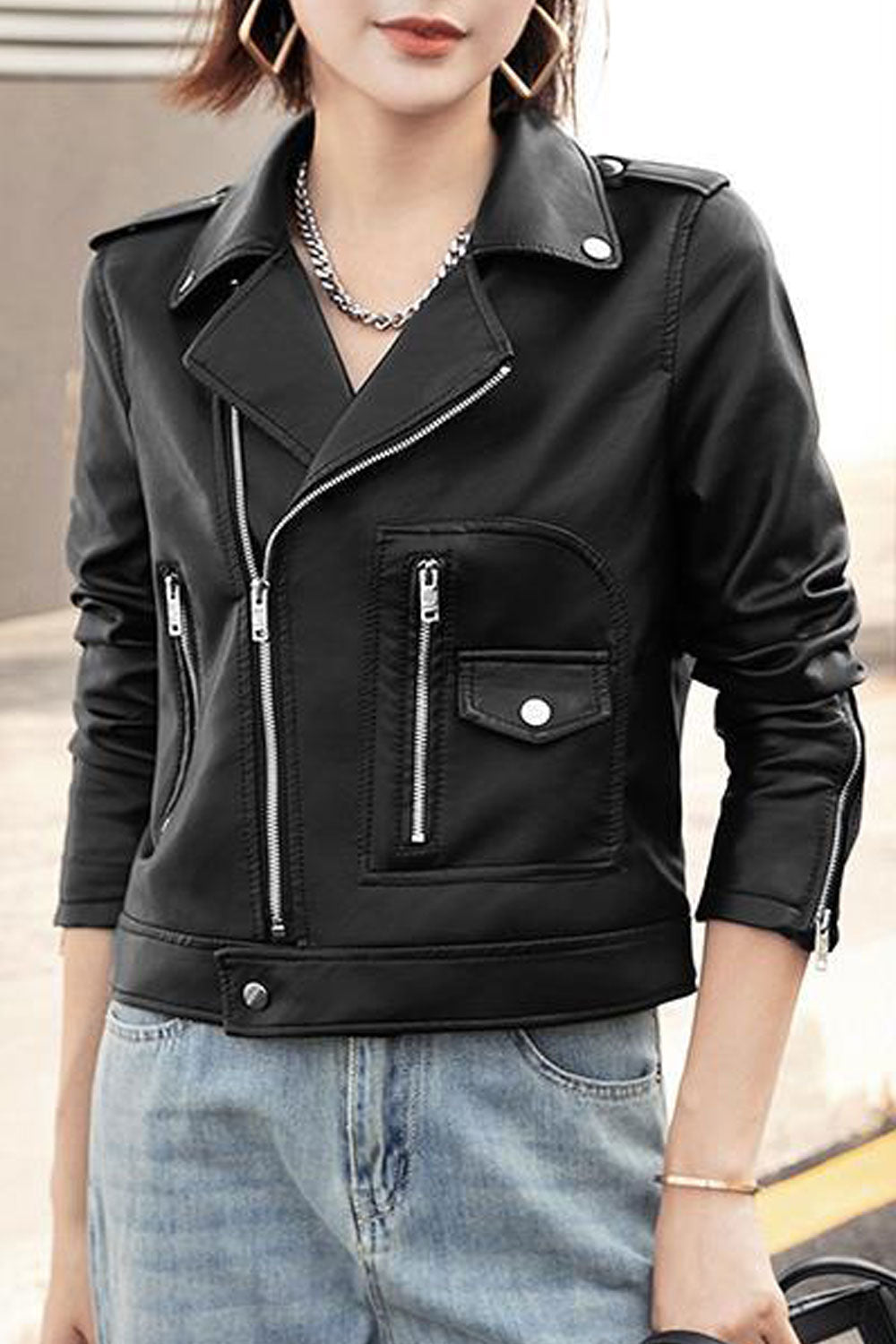 Women Exciting Collar Neck Amazing Pockets Zip Closure Interesting Winter Leather Jacket