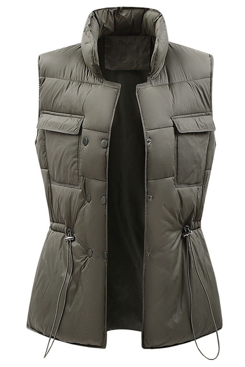 Women Stylish Stand Collar Neck Sleeveless Drawstring Waist Front Flap Pocket & Buttoned Fastener Winter Padded Jacket