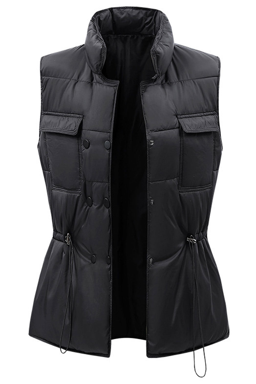 Women Stylish Stand Collar Neck Sleeveless Drawstring Waist Front Flap Pocket & Buttoned Fastener Winter Padded Jacket