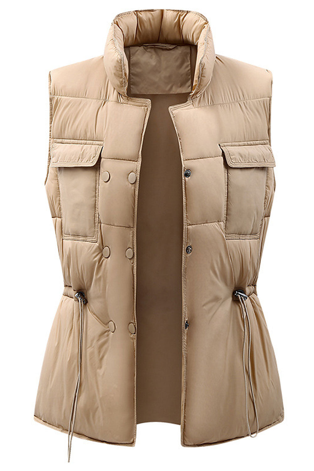 Women Stylish Stand Collar Neck Sleeveless Drawstring Waist Front Flap Pocket & Buttoned Fastener Winter Padded Jacket
