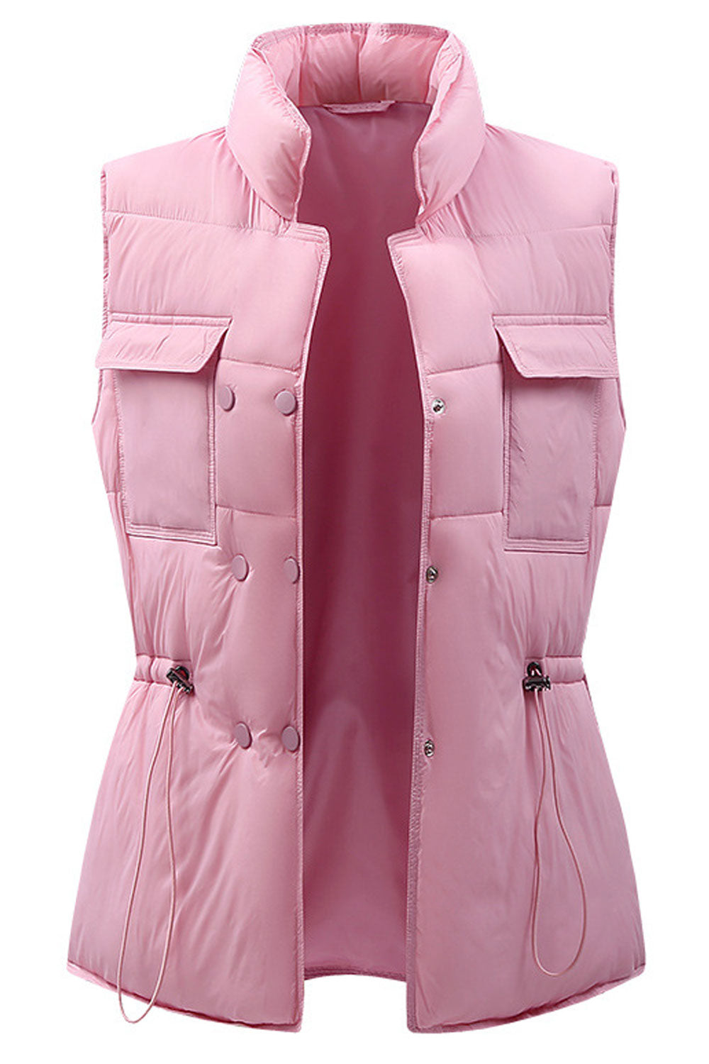 Women Stylish Stand Collar Neck Sleeveless Drawstring Waist Front Flap Pocket & Buttoned Fastener Winter Padded Jacket