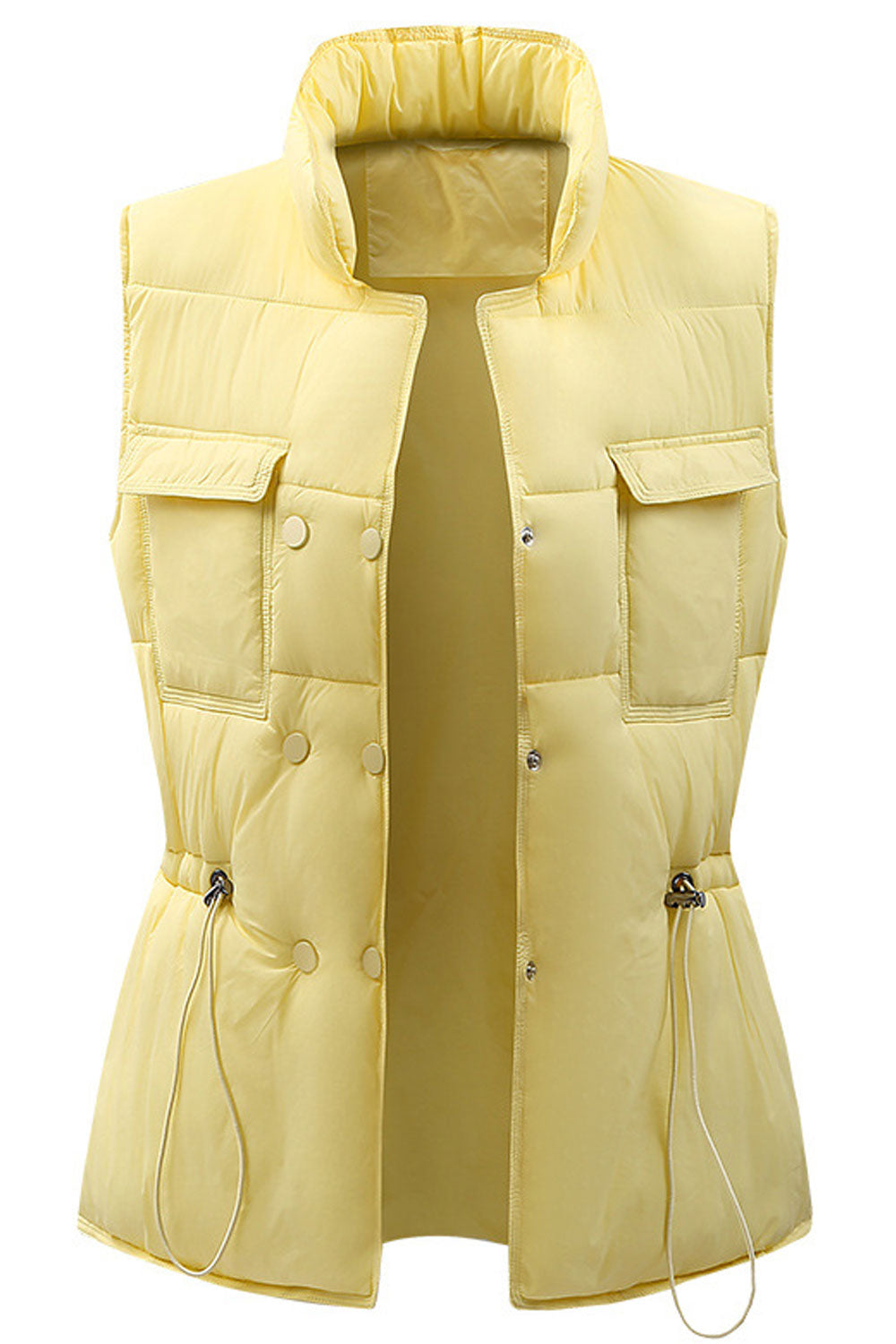 Women Stylish Stand Collar Neck Sleeveless Drawstring Waist Front Flap Pocket & Buttoned Fastener Winter Padded Jacket