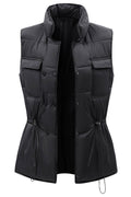 Women Stylish Stand Collar Neck Sleeveless Drawstring Waist Front Flap Pocket & Buttoned Fastener Winter Padded Jacket