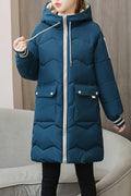 Women Fascinating Drawstring Hooded Neck Strip Knitted Ribbed Cuff Side Patch Pocket Mid Length Thick Soothing Winter Padded Jac