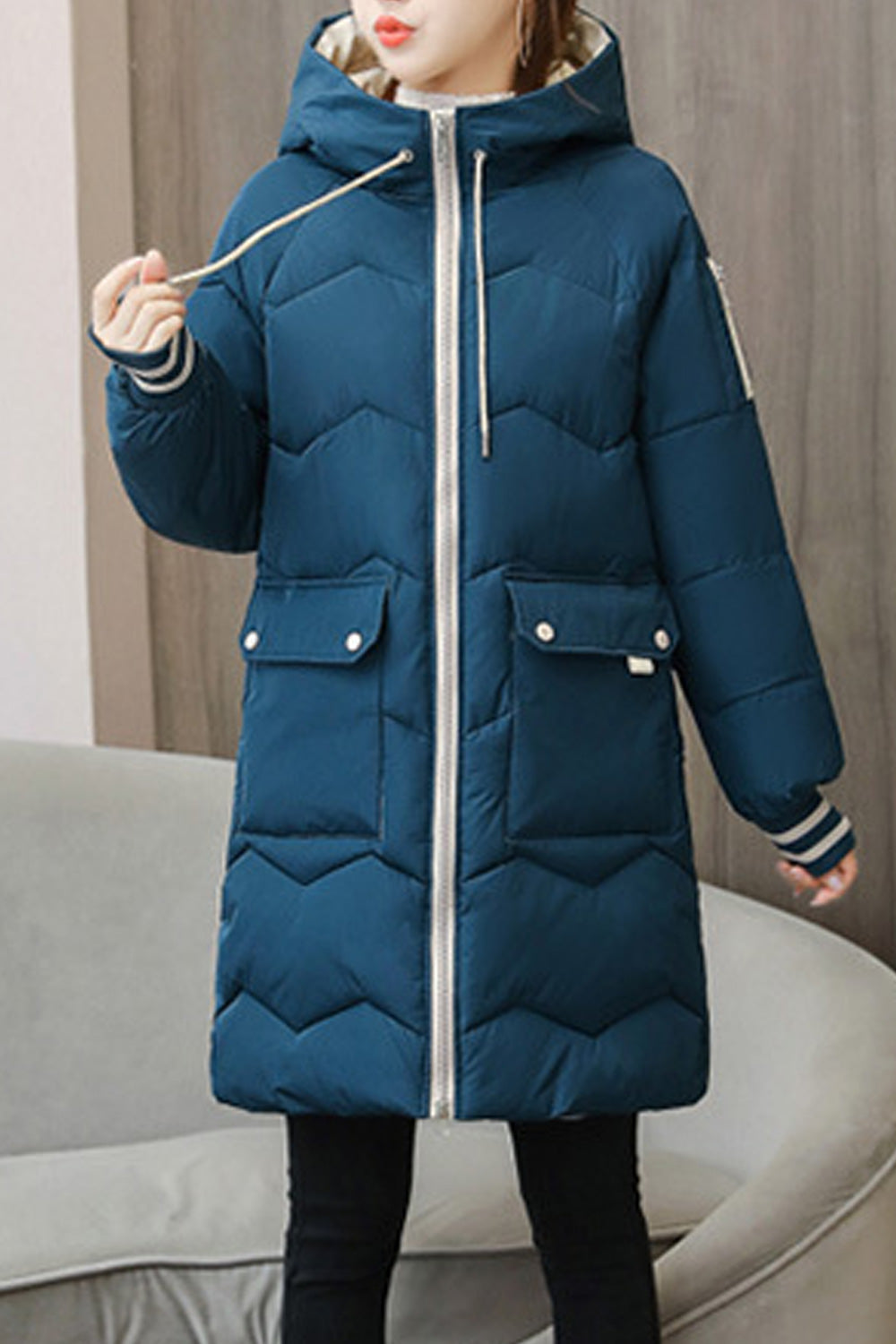 Women Fascinating Drawstring Hooded Neck Strip Knitted Ribbed Cuff Side Patch Pocket Mid Length Thick Soothing Winter Padded Jac