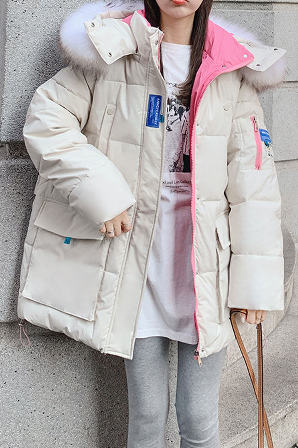 Women Fluffy Material Hooded Neck Flap Closure Pocket Zip & Buttoned Fastener Cozy Loose Winter Padded Jacket