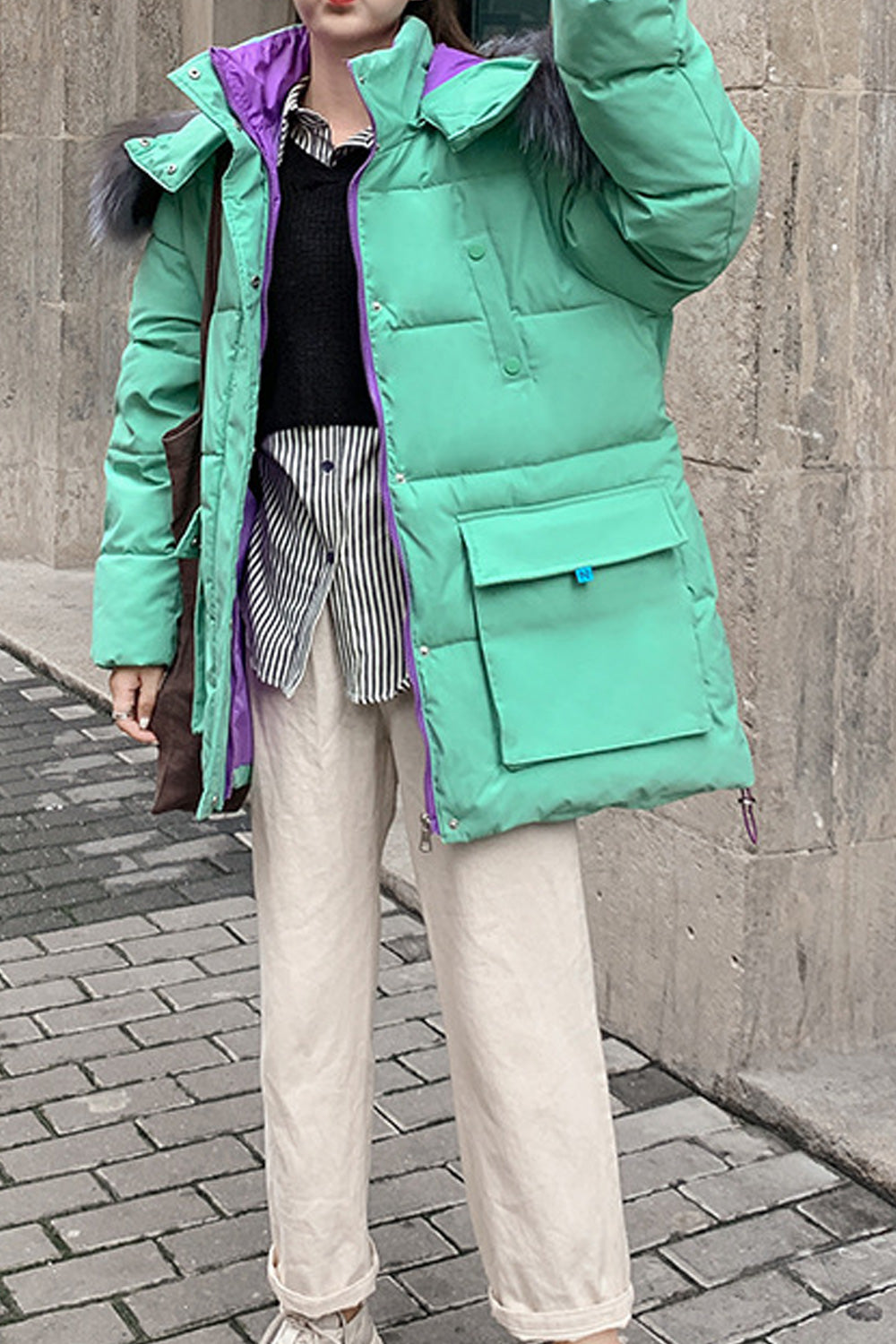 Women Fluffy Material Hooded Neck Flap Closure Pocket Zip & Buttoned Fastener Cozy Loose Winter Padded Jacket