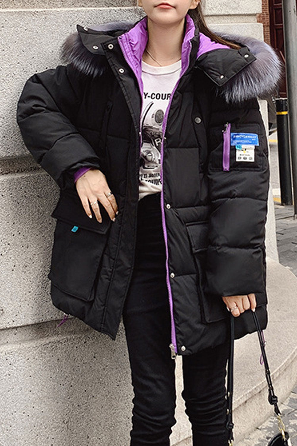 Women Fluffy Material Hooded Neck Flap Closure Pocket Zip & Buttoned Fastener Cozy Loose Winter Padded Jacket