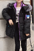Women Fluffy Material Hooded Neck Flap Closure Pocket Zip & Buttoned Fastener Cozy Loose Winter Padded Jacket