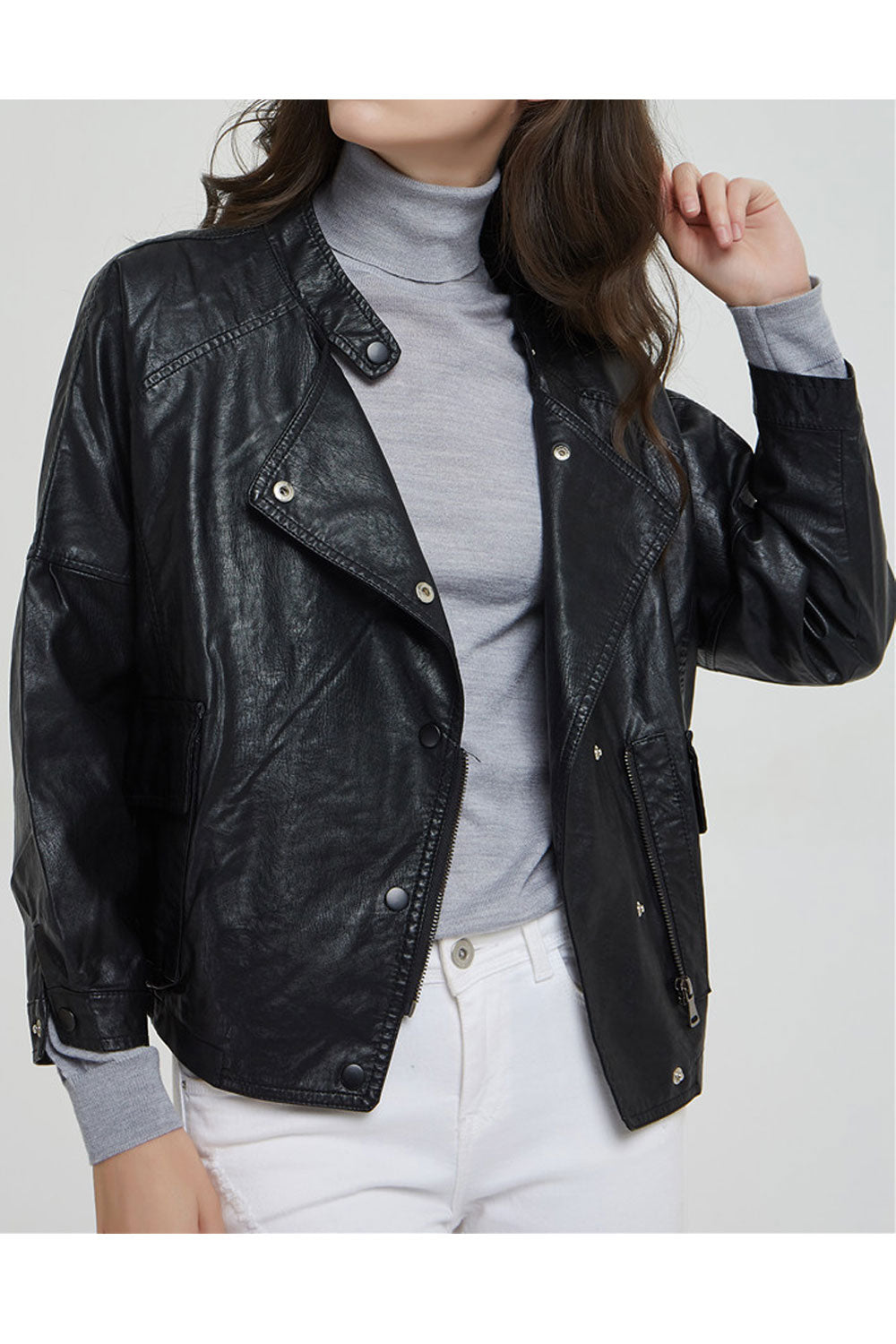 Women Comfortable Stand Collar Snap Button Closure Fascinating Loose Fit Winter Leather Jacket